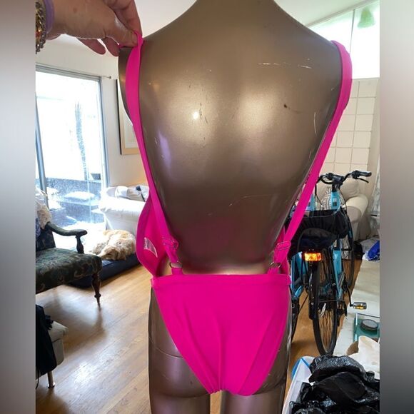 Neon, pink high, cut adjustable strap bodysuit . So small. Snap crotch - Picture 5 of 7
